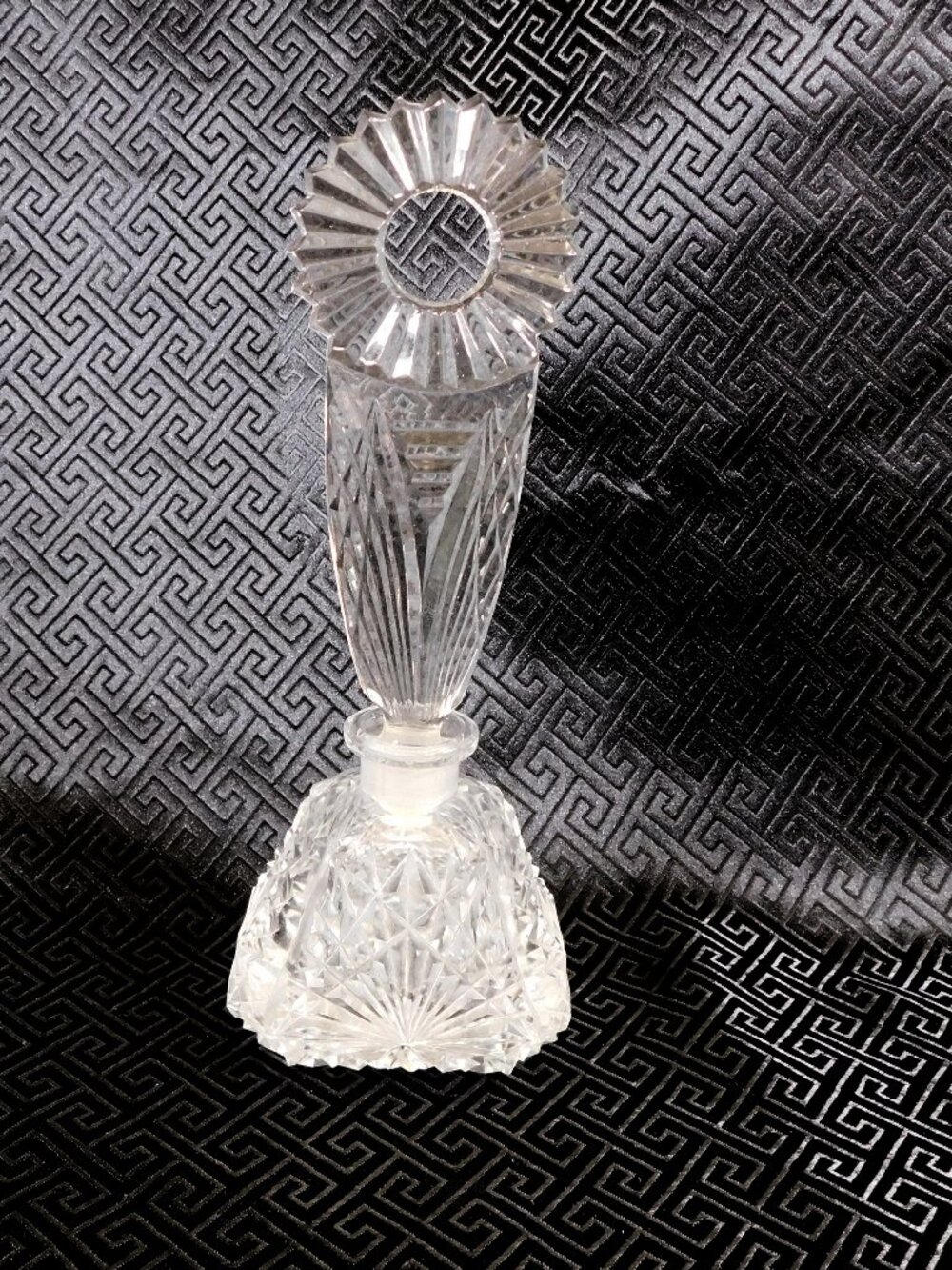 Cut Glass Perfume Bottle with Tall Flower Shaped Stopper # 21143